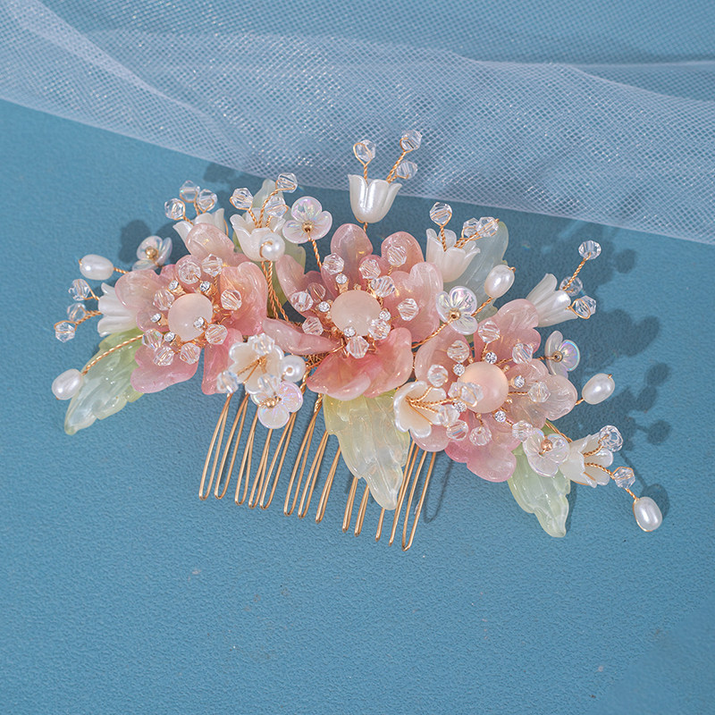 Ancient style headdress, ethereal pink hair comb, ancient costume accessories, new Chinese style hairpin, hair ornaments for women's Hanfu.