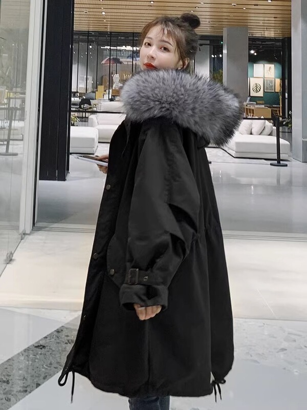 Plus-Size Black Mid-Length Parka Jacket for Women, Winter Cotton Coat 100kg with Fleece Lining, Thickened Workwear Cotton Coat