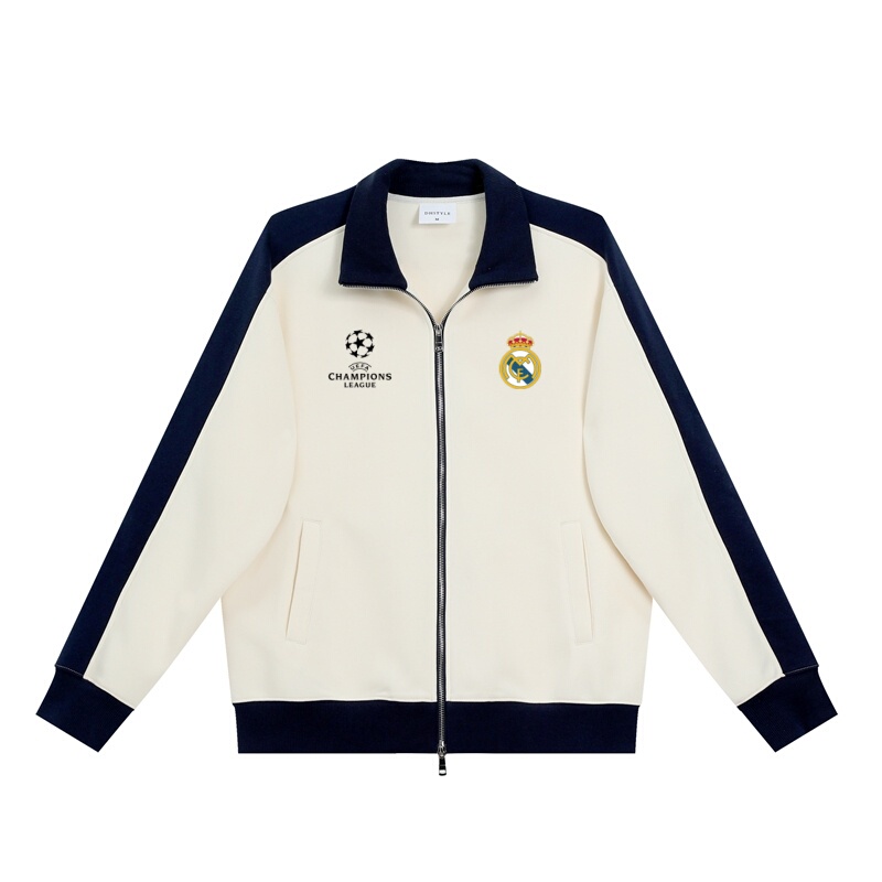 Champions League Real Madrid Retro Sports Football Zipper Jacket for Men and Women, Color-Blocked Lapel Heavyweight Sweatshirt, Thick Long-Sleeve Coat
