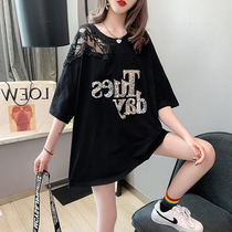 Lace splicing lactation short sleeve t-shirt womens long strapless tide summer dress loose postpartum out feeding coat