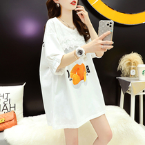 Lace stitching post-natal lactation summer short-sleeved T-shirt women loose mid-length summer out feeding half-sleeve top