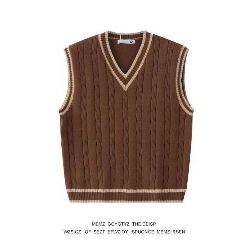 College Style V Neck Knitted Vest for Men in Autumn and Winter American Retro Loose Sleeveless Sweater Vest Pullover Vest Jacket
