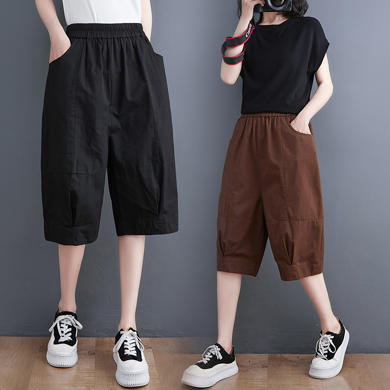 Casual Wide-Leg Pants for Women 2026 Summer New Style Loose Plus Size Slimming Solid Color Mid-Length Pants High-Waisted Five-Point Cargo Pants