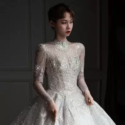 Heavy industry wedding dress 2021 new bride main yarn temperament luxury high-end long sleeve court style big tailing premium texture
