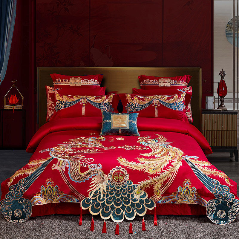 Wedding Celebration Four Sets Bed High-end Wedding Room 140s Long Suede Cotton Wedding Embroidered Dragon Phoenix Big Quilt Cover A Dozen Sets