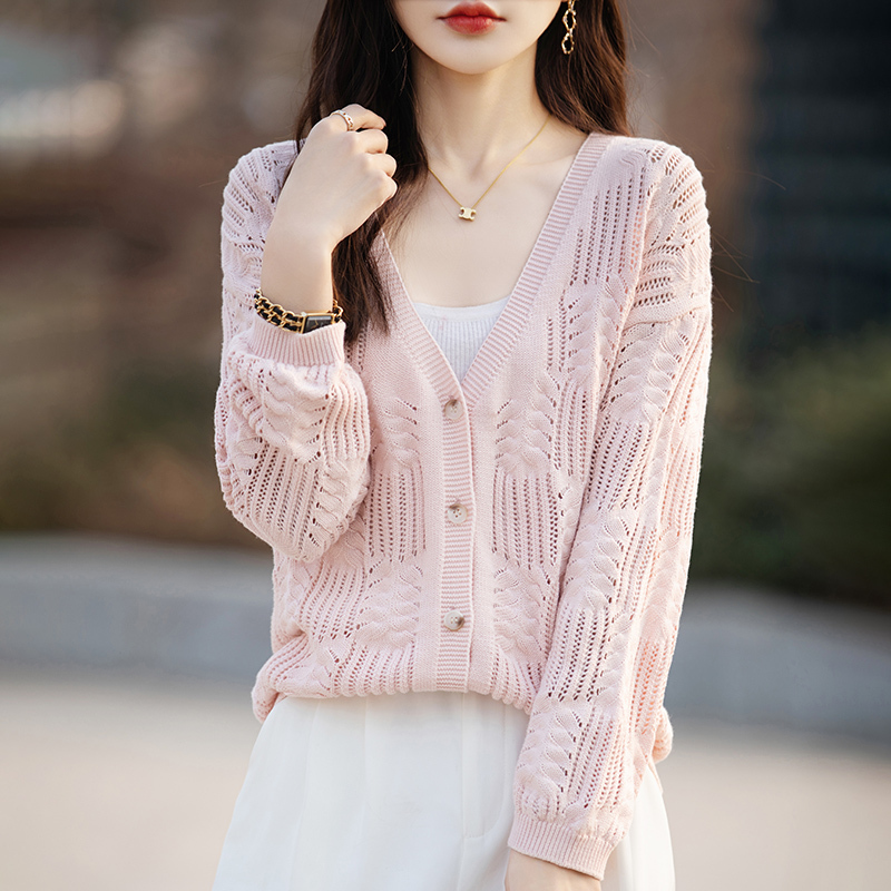 Pure Cotton Non-Pilling V-Neck Hollow Sweater Cardigan Knitted Jacket for Women, Spring and Autumn Long-Sleeve Loose Outerwear, 2025 Thin Style