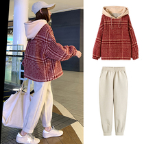 Large size womens clothing 2021 autumn and winter new fat sister net red early autumn fashion mind sweater two-piece suit Western trend