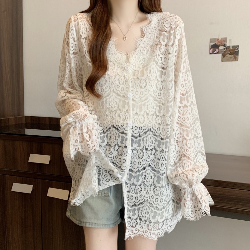 Женская нижняя рубашка с V-образным вырезом и длинными рукавами, ранняя осень, большие размеры, толстая блузка средней длины, прикрывающая ягодицы, кружевная блузка с открытой спиной