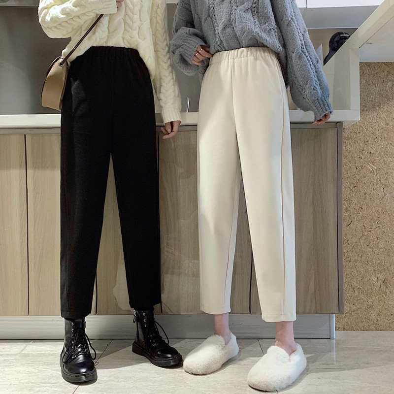 Elastic waist woolen casual pants women's 2022 popular Korean style harem pants small tall all-match thick nine-point pants