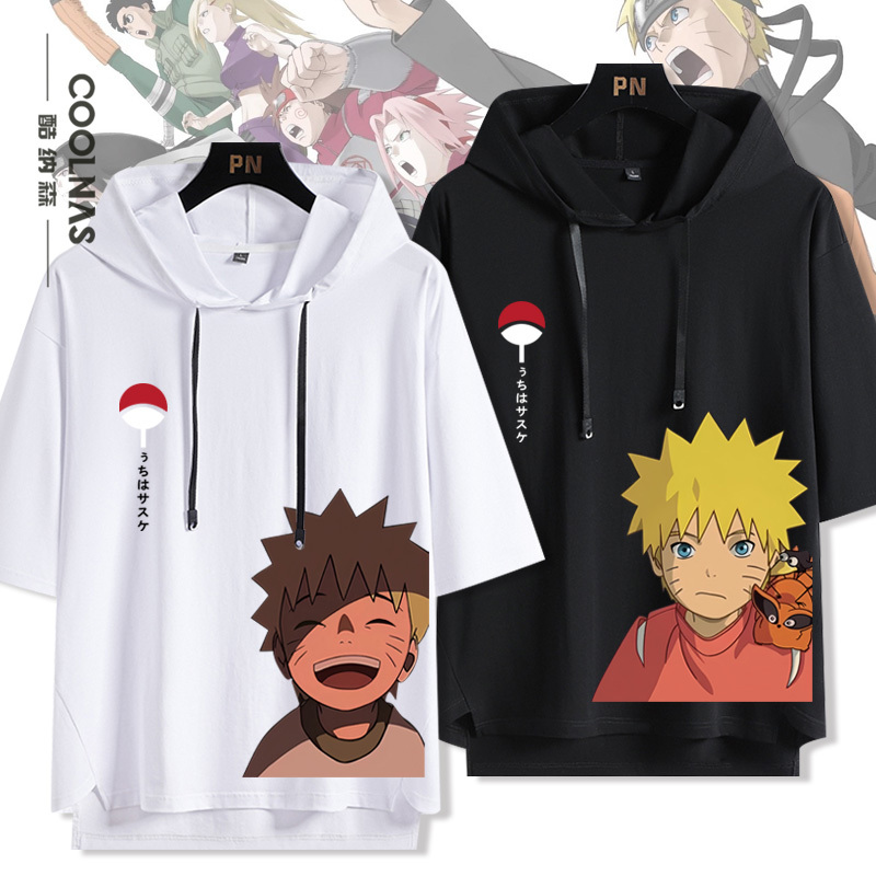 Naruto Sasuke and Naruto Anime Collaboration Graphic Hooded Short-Sleeve T-Shirt for Male Teenagers and Students, Five-Quarter Sleeves, Summer Naruto Sasuke and Naruto Anime Collaboration Graphic Hooded Short-Sleeve T-Shirt for Male Teenagers and Students, Five-Quarter Sleeves, Summer