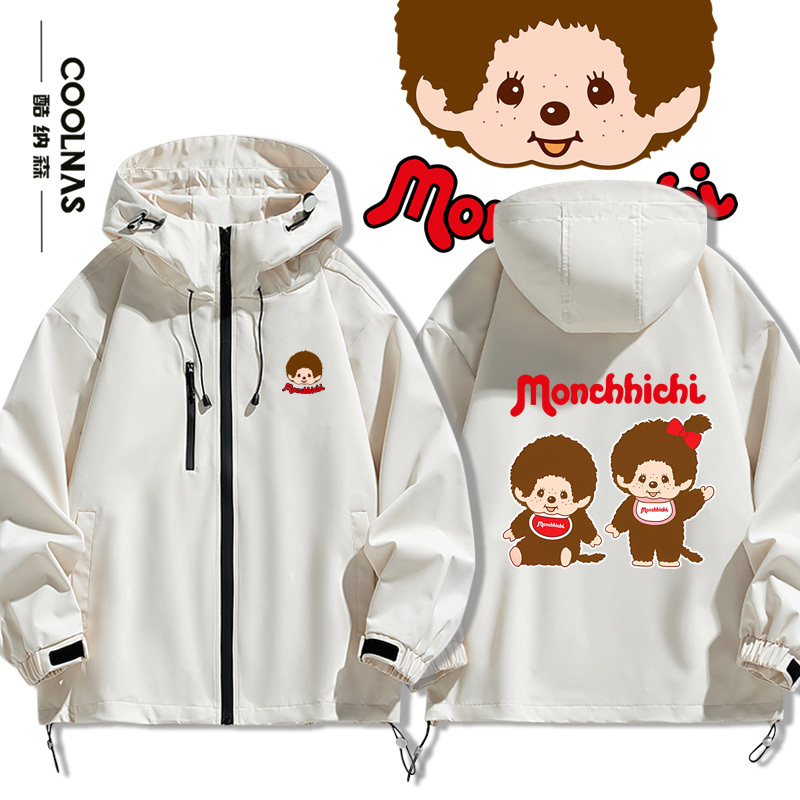 Monchhichi Merchandise with Cartoon Patterns, Same Style for Men and Women, Hooded Windbreaker Jacket for Spring and Autumn, Trendy Monchhichi Merchandise with Cartoon Patterns, Same Style for Men and Women, Hooded Windbreaker Jacket for Spring and Autumn, Trendy