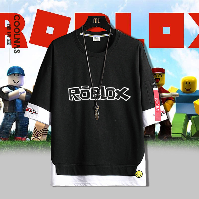 Cartoon Game Anime Peripheral Roblox Virtual World Short-Sleeved T-Shirt Men's Trendy Patchwork Loose Half-Sleeve Clothing