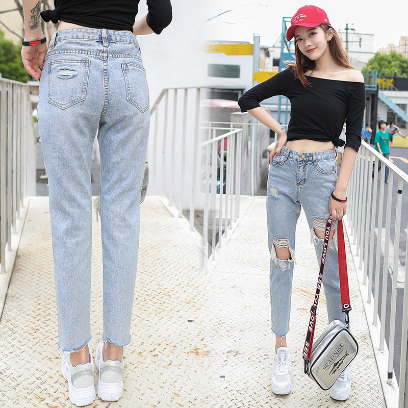 Harynn Jeans Woman Spring Summer New Wave High Waist Straight Drum Loose Beggar 90% Dash of Hole Pants Slim 100 Lap Pants