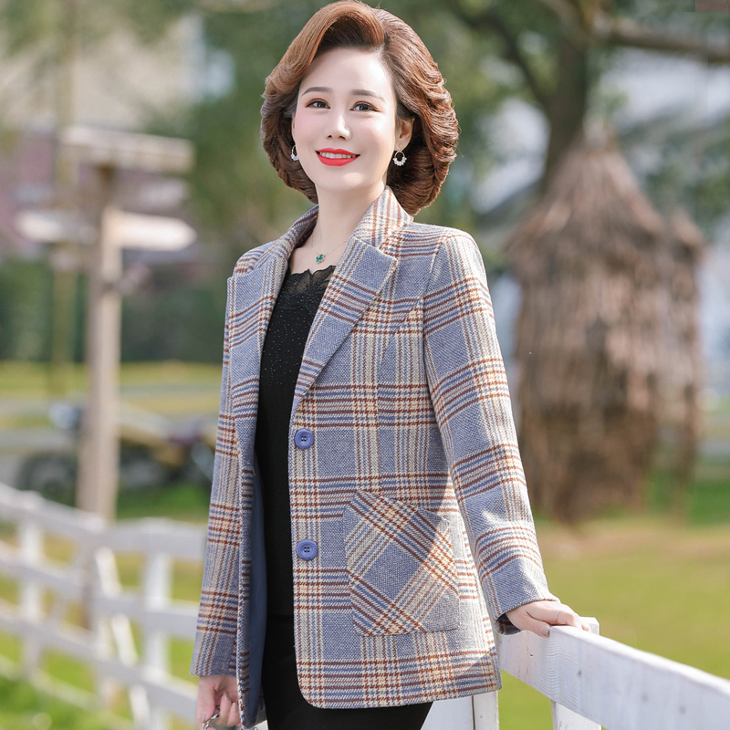 Middle-Aged Women's Spring Coat, 2026 New Stylish Middle-Aged and Elderly Women's Suit, Spring and Autumn Fashion Plaid Top