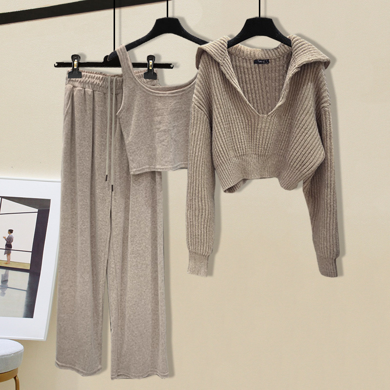 Fashionable and Casual Three-Piece Set for Women, 2025 Autumn New Style, Knitted Long-Sleeve Sweater, Vest, and Sports Casual Pants Set