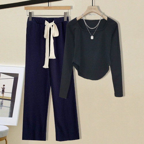 Осенний комплект, приталенный лонгслив, спортивные штаны для отдыха, популярно в интернете