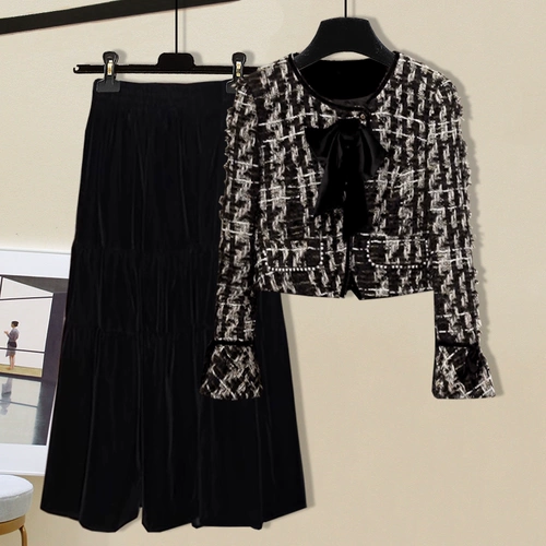 Демисезонная ретро плетеная бархатная куртка, юбка, комплект, в стиле Шанель