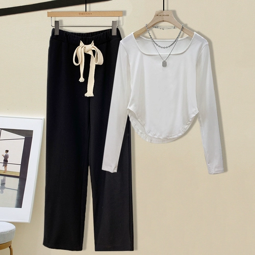 Осенний комплект, приталенный лонгслив, спортивные штаны для отдыха, популярно в интернете