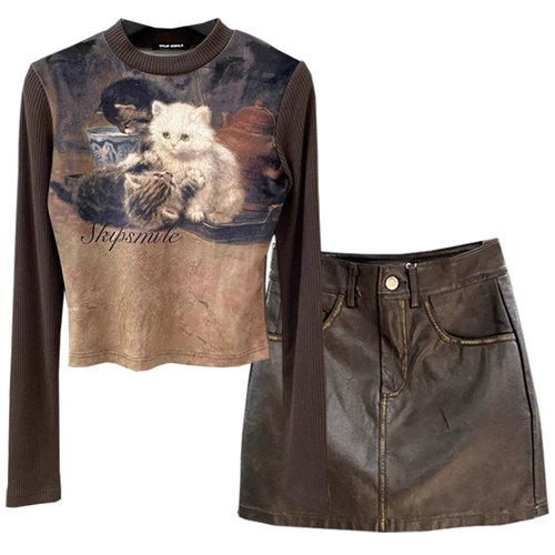 Осенний ретро приталенный полиуретановый лонгслив, юбка, комплект, популярно в интернете