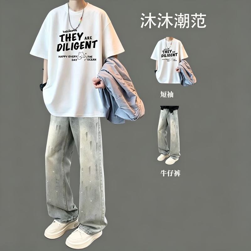American Style Cool Short-Sleeved T-Shirt for Men, Summer Casual Outfit, High Street Trendy Combination with Jeans