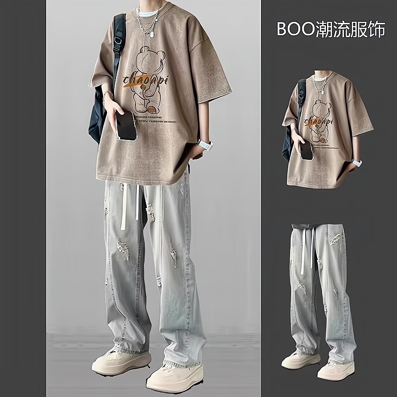 Teenagers' Cool and Stylish Short-Sleeved Summer Outfit for Men, a Complete Set of American-Style Clothing, Pure Cotton T-Shirt Paired with Jeans Teenagers' Cool and Stylish Short-Sleeved Summer Outfit for Men, a Complete Set of American-Style Clothing, Pure Cotton T-Shirt Paired with Jeans