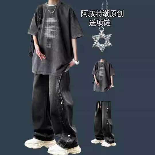 美式复古短袖T恤夏季套装男港风一整套潮流牛仔裤潮牌炸街两件套