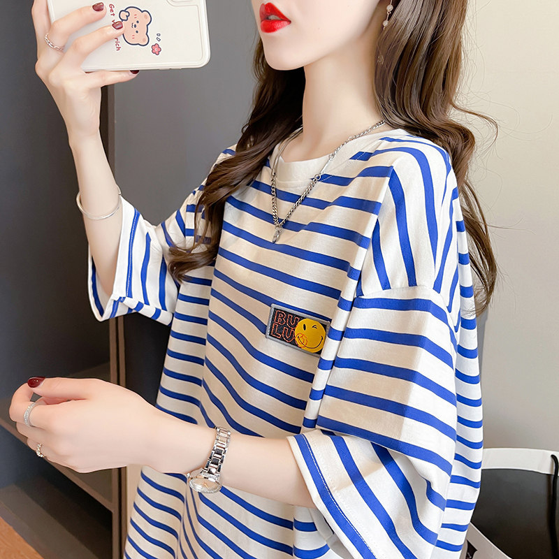 Blue and White Striped Pure Cotton Short-Sleeved T-Shirt for Women, Summer Sailor Shirt, 2024 New Style, Plus Size, Loose Fit, Tummy-Covering Top