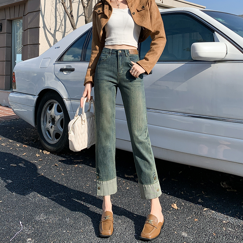Vintage Cigarette Jeans for Women, Summer 2026, Thin High-Waisted Cropped Stretchy Straight-Leg Pants for Petite Figures, Trendy Patchwork Design