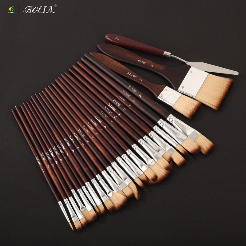 Boliya 25-Piece Wooden Handle Paint Brush Set Gouache Watercolor Oil Painting Professional Painting Brushes Art Supplies