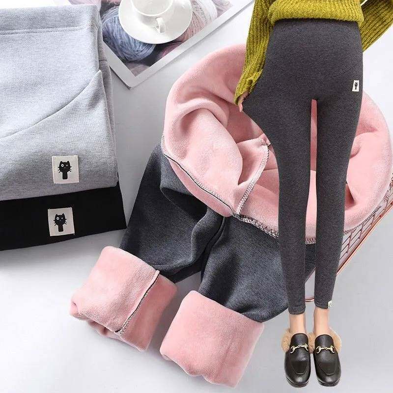 Pregnant women's autumn and winter plus velvet warm high-waist belly support pants spring and summer slim fit leggings non-fleece outer wear elastic