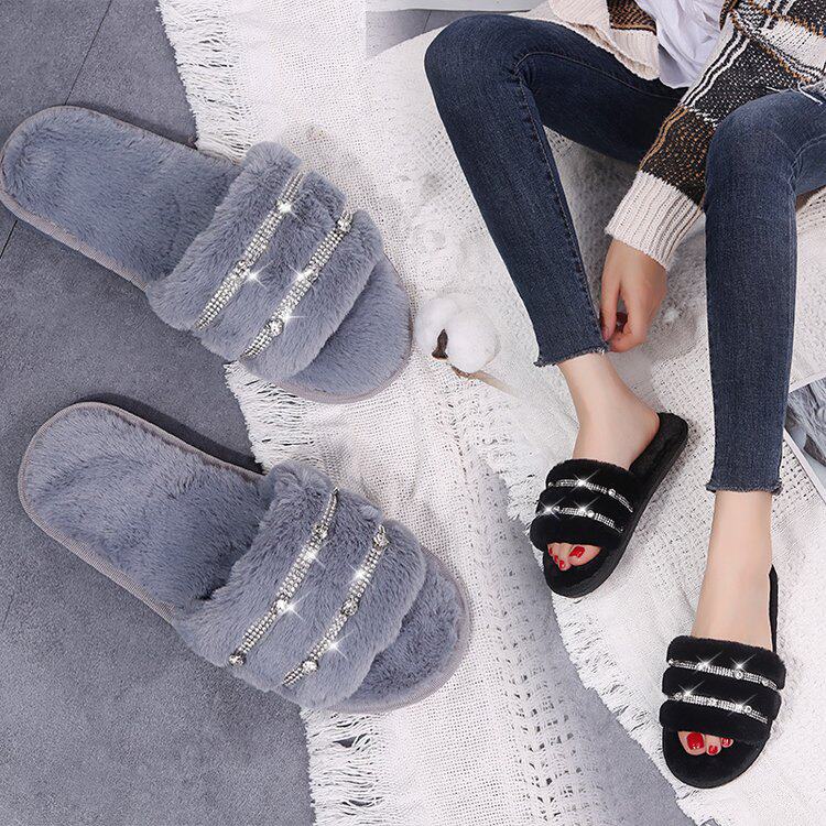 New fur shoes female Han version with cotton slippers Home Outside Wearing water drill flat-bottom plush slippers female 