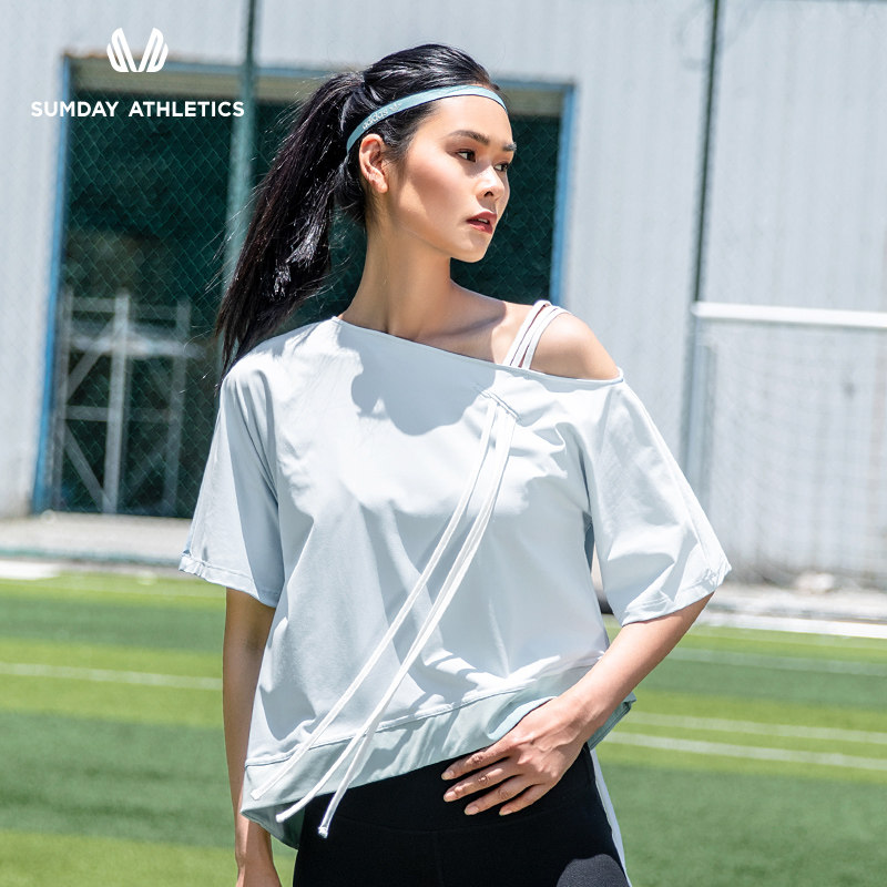 Sumday Sport T-Shirt Woman Round Collar Light Overdraft Fashion Fitness Running Short Sleeve Pure Color Quick Dry Blouse Diagonal Shoulder Comfort