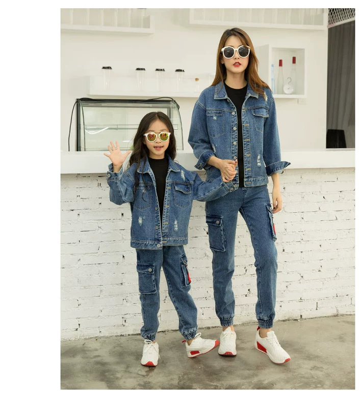 Áo khoác denim họa tiết mùa thu đông mùa đông của phụ huynh-trẻ em cao cấp - Trang phục dành cho cha mẹ và con