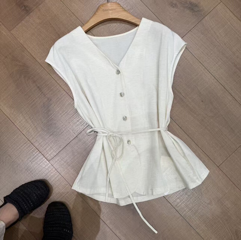 0602 Dijia V-Neck Stylish Faux Linen Top 2029-S Length 60cm Bust 106cm