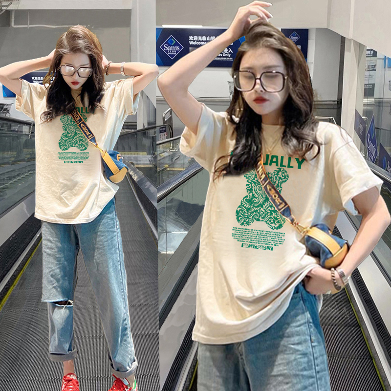 Apricot-Colored Pure Cotton Regular Shoulder Long Short-Sleeve T-Shirt for Women, 2026 Summer New Popular European Style Oversized Loose Top ins