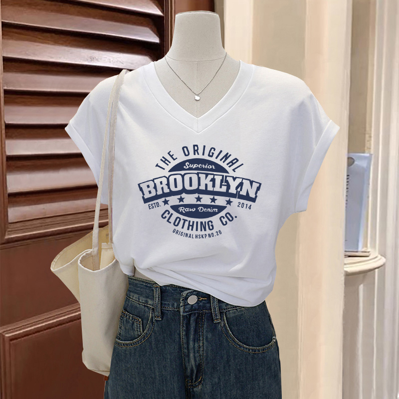 Batwing Sleeve Pure Cotton Regular Shoulder V-Neck Short-Sleeve T-Shirt for Women, 2026 Summer New European Design Loose Top