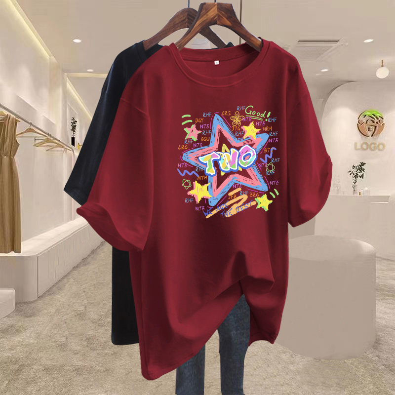 Maroon Pure Cotton Regular Shoulder Mid-Length Short-Sleeve T-Shirt for Women 2025 New European Style Summer Loose Top ins