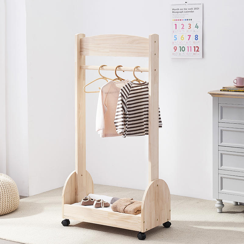 Indoor hanger floor multi-functional solid wood bedroom coat rack children's mobile hanger shopping cart clothes rack