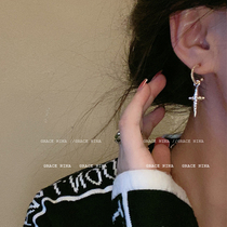  Round cross diamond-set shiny pendant earrings 2021 new Korean light luxury high-end sense wild female temperament earrings