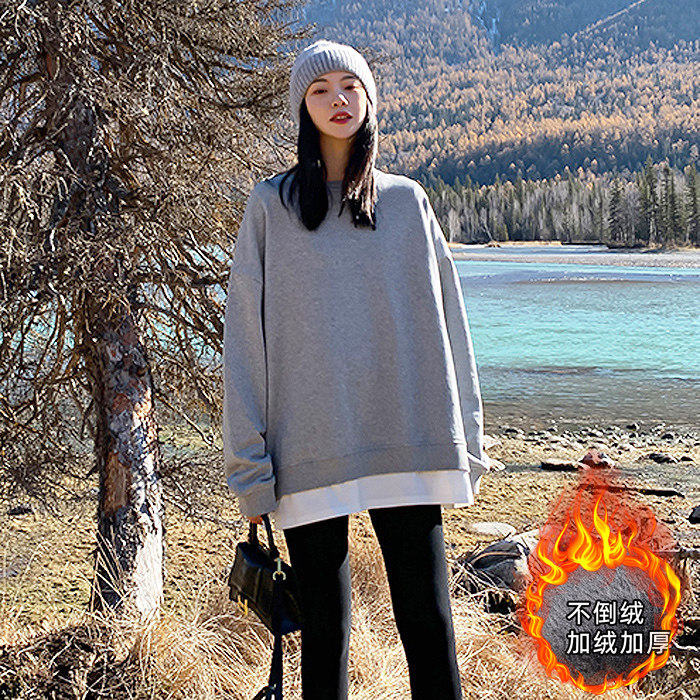 Fake Two Autumn Winter New Pregnancy Woman Bottling Moms Fashion plus Velvet Thickened Loose Medium Long Version Long Sleeve Pregnant Woman