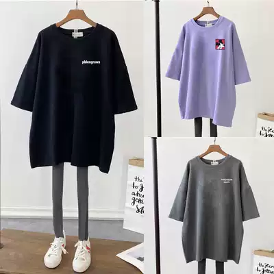 Pregnant women's T-shirt summer clothes letters spicy tide mother personality Korean version of the medium and long version of loose maternity clothes short-sleeved T-shirt cotton top