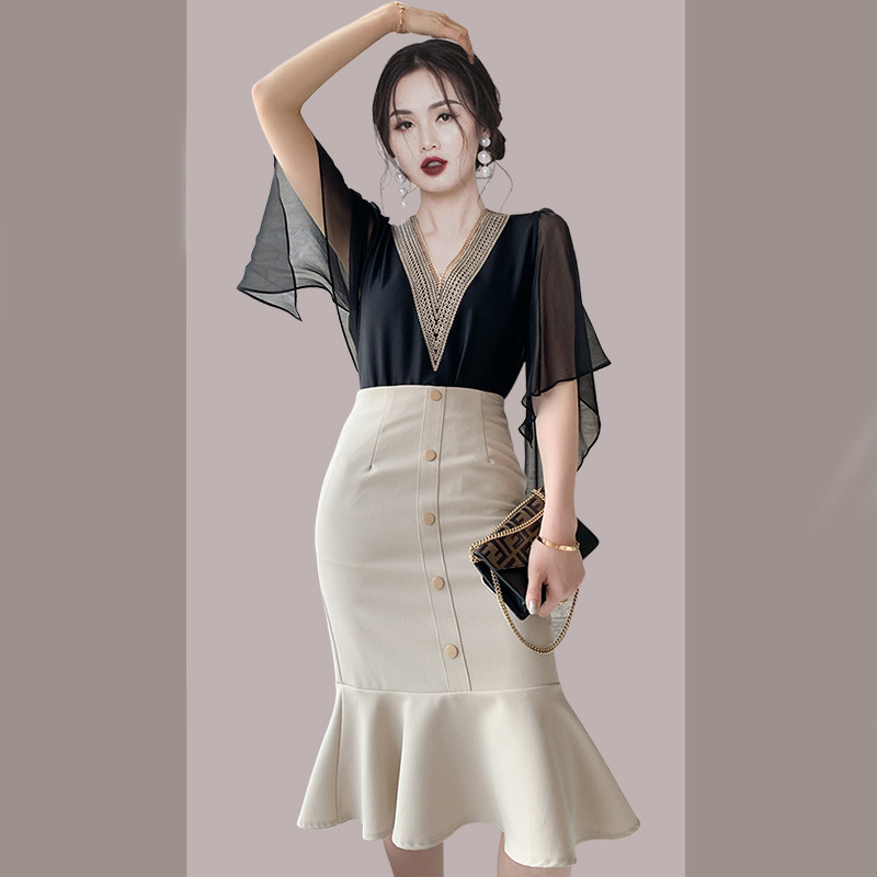 Temperament light luxury ladies dress suits women's 2022 summer new slim slimming hip skirt two-piece suit