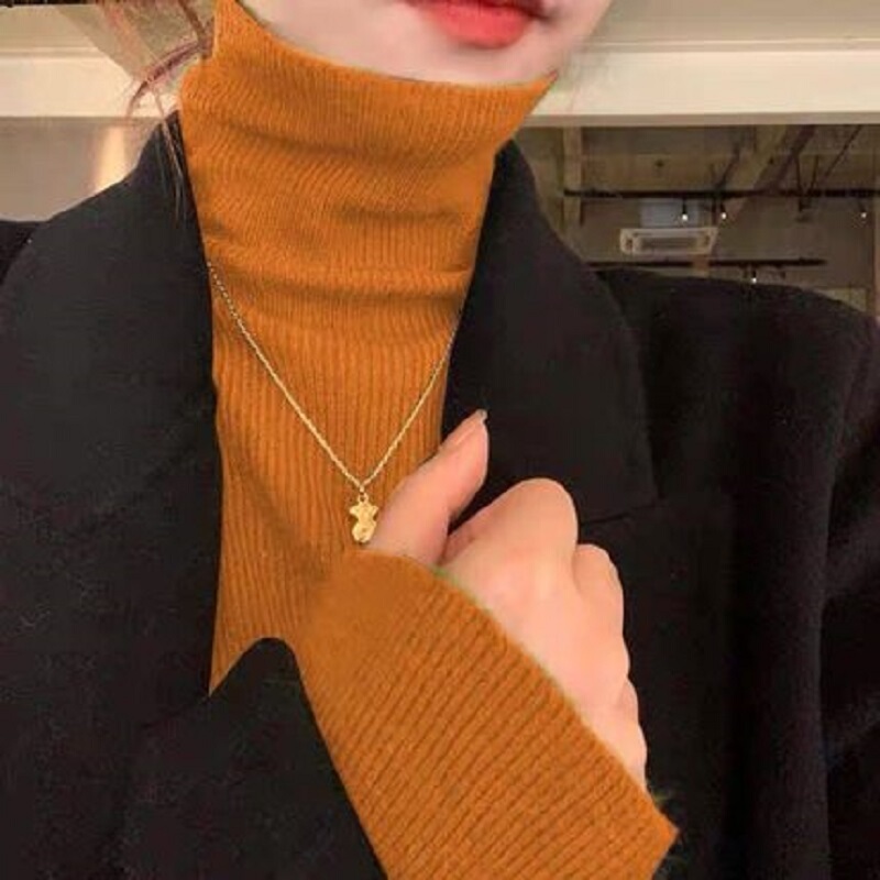 Autumn and Winter Turtleneck Knit Sweater for Women, Long-Sleeved, Thickened Cashmere Inner Layer, Slim-Fit Base Shirt, Stacked Collar, Elegant Top