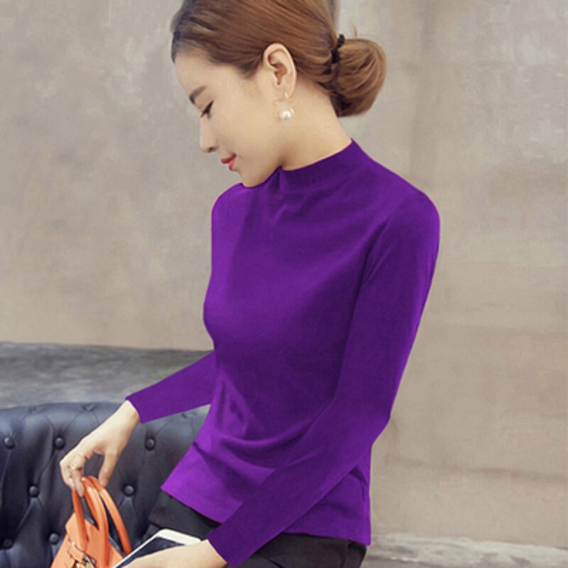 Half Turtleneck Base Layer Sweater for Women, Autumn and Winter Knitwear, Plus Size Purple Cashmere Knit Top, Fleece-Lined European Style Spring Top