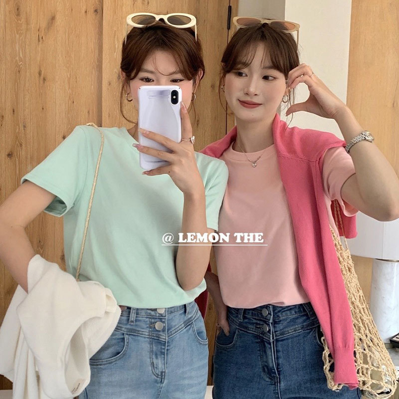 The Lemon Cloud Cotton T-Shirt Mint Green Round Neck Women's 2026 Korean Style Versatile Candy Color Petite Short Sleeve The Lemon Cloud Cotton T-Shirt Mint Green Round Neck Women's 2026 Korean Style Versatile Candy Color Petite Short Sleeve
