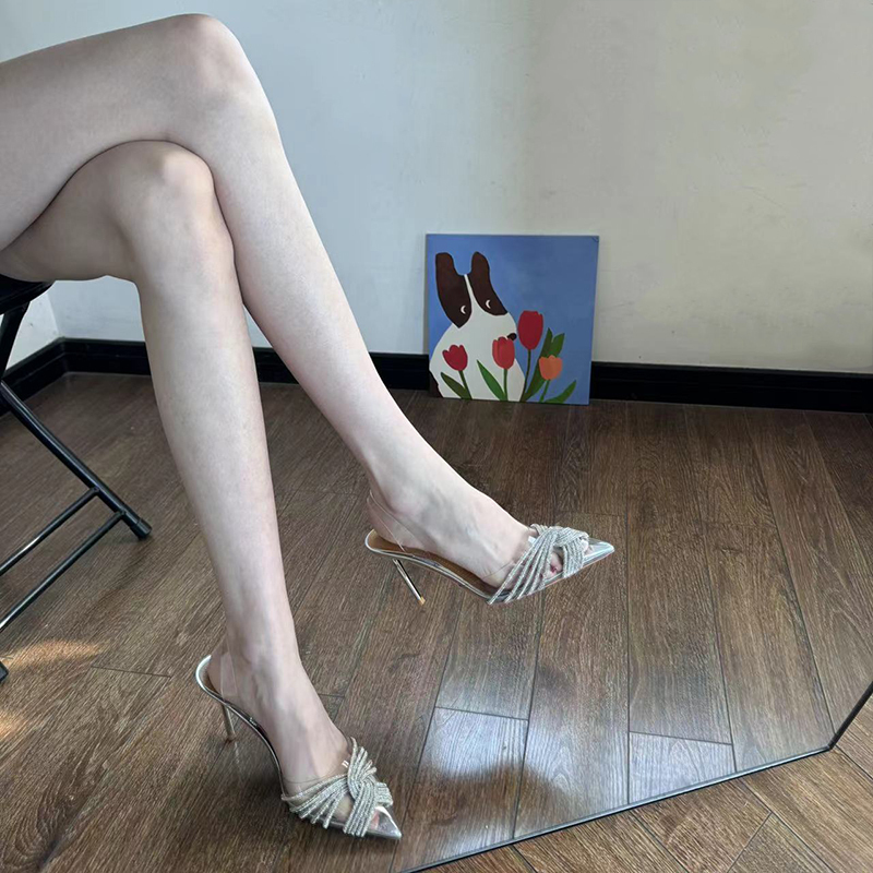 2026 Spring/Summer New Rhinestone Transparent Sandals Pointed Toe Mules Sexy Crystal High Heels Stiletto Slippers for Women