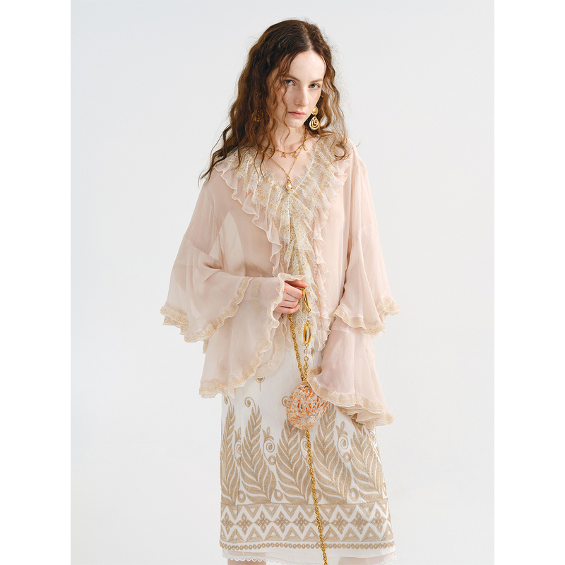 Maneatelier Designer Brand Cupro Chiffon Lace Layered Collar Double-Layer Bell Sleeve Shirt Top for Women Maneatelier Designer Brand Cupro Chiffon Lace Layered Collar Double-Layer Bell Sleeve Shirt Top for Women