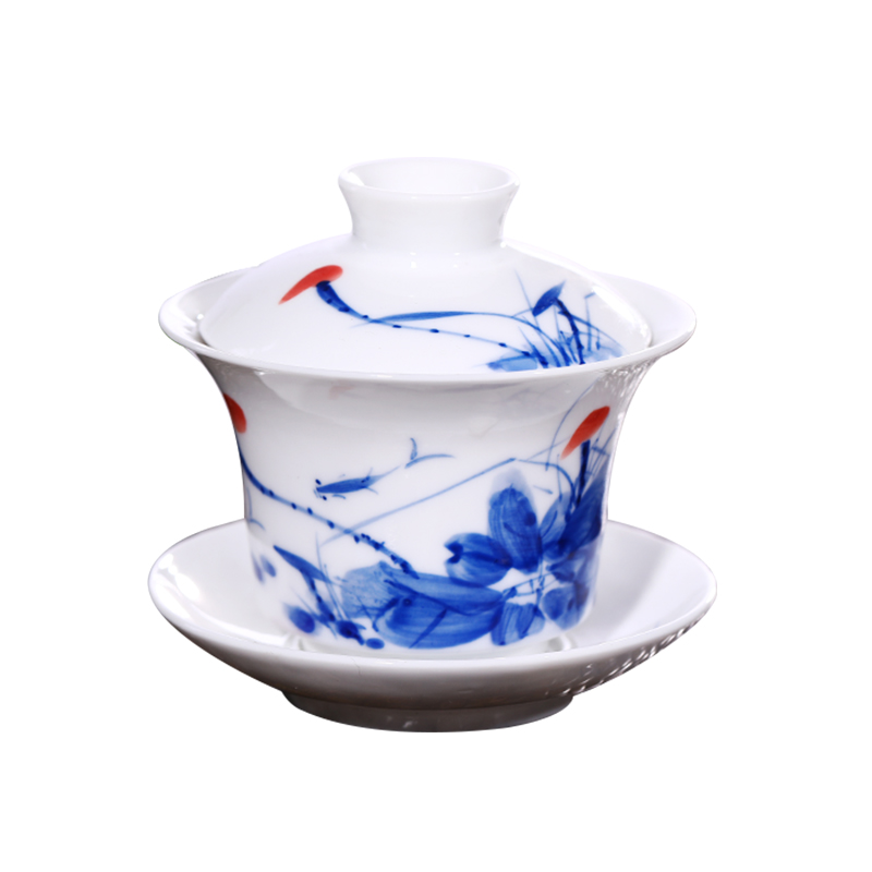 Jingdezhen up the fire which hand - made tureen trumpet three cups to bowl of blue and white porcelain kung fu tea bowl