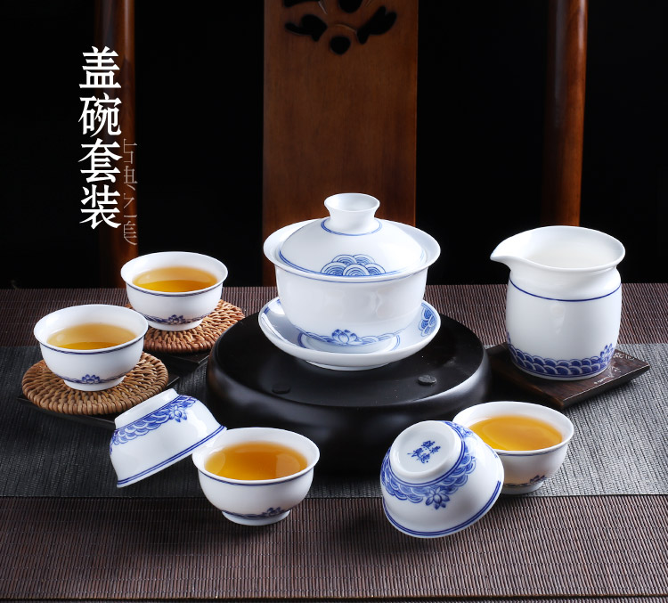 Jingdezhen up the fire which kung fu tea set a complete set of hand - made of ceramic tureen of blue and white porcelain teapot home outfit