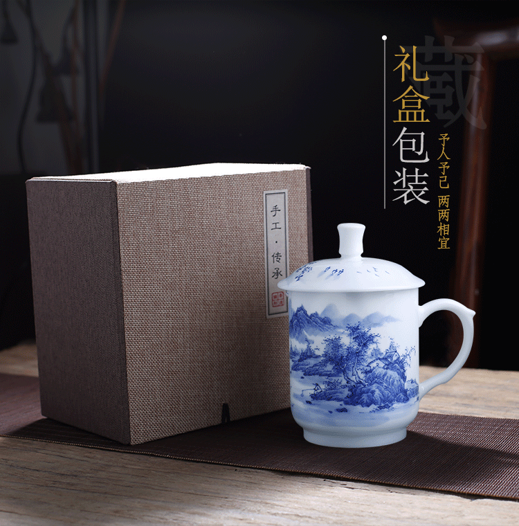 Jingdezhen porcelain tea cups with cover office hand - made landscape mark cup custom tea cup household ceramics